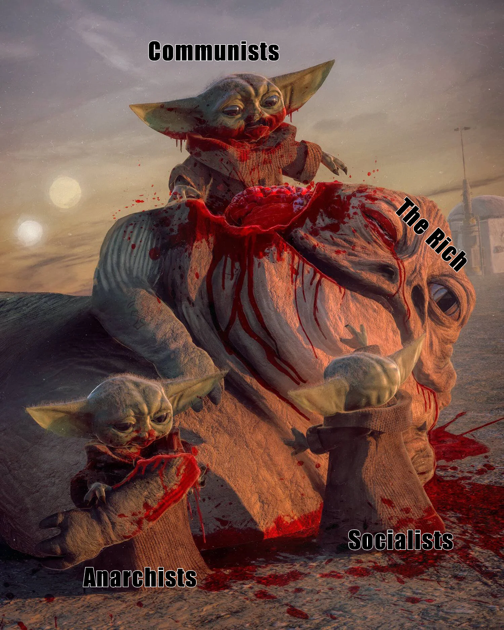 This meme features a humorous image of the Mandalorian character "Baby Yoda" sitting on a throne, surrounded by various factions of the Star Wars universe. The text "Communists, Anarchists, Socialists, and the Rich" appears above the characters, implying that they are all being "served" by Baby Yoda, with the implication that they are all being "fed" to him. The meme is likely poking fun at the idea that Baby Yoda is somehow the master of the universe, and that all the different factions are somehow subservient to him.